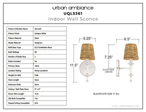 Urban Ambiance - Wall Sconce - UQL5361 Bohemian Indoor Wall Sconce, 11.5''H x 5''W x 6.5''D, Antique White Finish, Norwich Collection - 