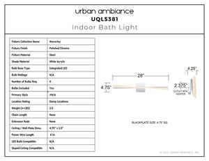 Urban Ambiance - Bath Light - UQL5381 Contemporary Indoor Bath Light, 4.75''H x 28''W x 4.25''D, Polished Chrome Finish, Waverley Collection - 