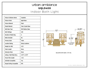Urban Ambiance - Bath Light - UQL5400 Glam Indoor Bath Light, 8''H x 13''W x 6.25''D, Aged Brass Finish, Casselton Collection - 
