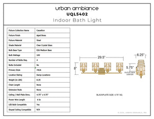 Urban Ambiance - Bath Light - UQL5402 Glam Indoor Bath Light, 8''H x 29.5''W x 6.25''D, Aged Brass Finish, Casselton Collection - 