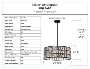 Urban Ambiance - Pendant - UQL5403 Glam Indoor Pendant, 8.75''H x 20''W x 20''D, Matte Black Finish, Casselton Collection - 