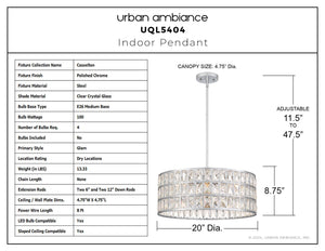 Urban Ambiance - Pendant - UQL5404 Glam Indoor Pendant, 8.75''H x 20''W x 20''D, Polished Chrome Finish, Casselton Collection - 