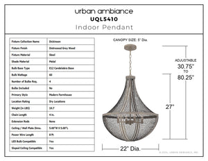 Urban Ambiance - Pendant - UQL5410 Modern Farmhouse Indoor Pendant, 27''H x 22''W x 22''D, Distressed Grey Wood Finish, Dickinson Collection - 