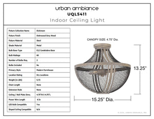 Urban Ambiance - Ceiling Light - UQL5411 Modern Farmhouse Indoor Ceiling Light, 13.25''H x 15.25''W x 15.25''D, Distressed Grey Wood Finish, Dickinson Collection - 