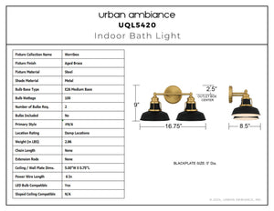 Urban Ambiance - Bath Light - UQL5420 Traditional Indoor Bath Light, 9''H x 16.75''W x 8.5''D, Aged Brass Finish, Werribee Collection - 