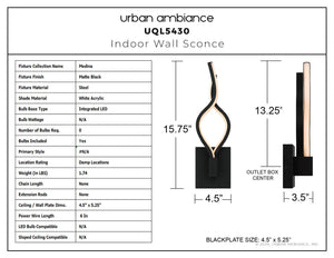 Urban Ambiance - Wall Sconce - UQL5430 Contemporary Indoor Wall Sconce, 15.75''H x 4.5''W x 3.5''D, Matte Black Finish, Medina Collection - 