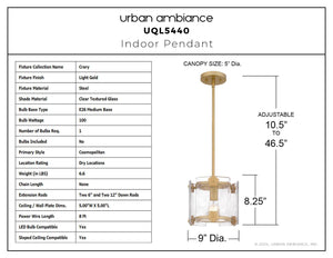 Urban Ambiance - Pendant - UQL5440 Cosmopolitan Indoor Pendant, 8.25''H x 9''W x 9''D, Light Gold Finish, Crary Collection - 