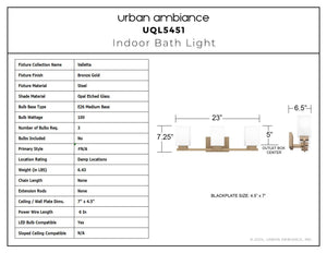 Urban Ambiance - Bath Light - UQL5451 Posh Indoor Bath Light, 7.25''H x 23''W x 6.5''D, Bronze Gold Finish, Valletta Collection - 
