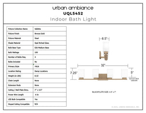 Urban Ambiance - Bath Light - UQL5452 Posh Indoor Bath Light, 7.25''H x 32''W x 6.5''D, Bronze Gold Finish, Valletta Collection - 