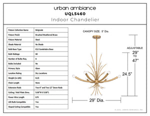 Urban Ambiance - Chandelier - UQL5460 Glam Indoor Chandelier, 24.5''H x 29''W x 29''D, Brushed Weathered Brass Finish, Belgrade Collection - 