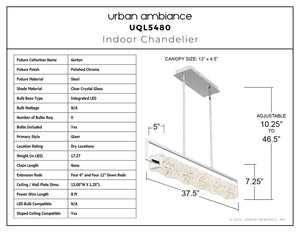 Urban Ambiance - Chandelier - UQL5480 Glam Indoor Chandelier, 7.25''H x 37.5''W x 5''D, Polished Chrome Finish, Gorton Collection - 