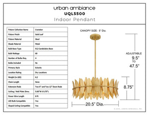 Urban Ambiance - Pendant - UQL5500 Eclectic Indoor Pendant, 8.75''H x 20.5''W x 20.5''D, Gold Leaf Finish, Cranston Collection - 
