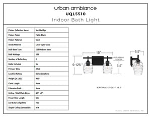 Urban Ambiance - Bath Light - UQL5510 Coastal Indoor Bath Light, 9.25''H x 15.00''W x 6.50''D, Matte Black Finish, Northbridge Collection - 