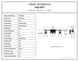 Urban Ambiance - Bath Light - UQL5511 Coastal Indoor Bath Light, 9.25''H x 22.00''W x 6.50''D, Matte Black Finish, Northbridge Collection - 