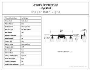 Urban Ambiance - Bath Light - UQL5512 Coastal Indoor Bath Light, 9.25''H x 29.00''W x 6.50''D, Matte Black Finish, Northbridge Collection - 