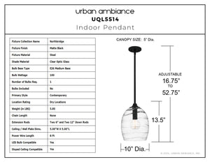 Urban Ambiance - Pendant - UQL5514 Contemporary Indoor Pendant, 13.5''H x 10''W x 10''D, Matte Black Finish, Northbridge Collection - 