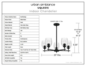 Urban Ambiance - Chandelier - UQL5515 Contemporary Indoor Chandelier, 9.25''H x 25''W x 25''D, Matte Black Finish, Northbridge Collection - 