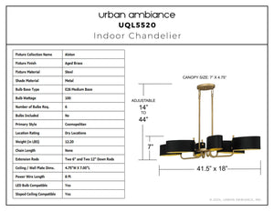 Urban Ambiance - Chandelier - UQL5520 Cosmopolitan Indoor Chandelier, 7.00''H x 41.50''W x 18.00''D, Aged Brass Finish, Alston Collection - 