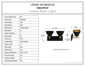 Urban Ambiance - Bath Light - UQL5540 Modern Indoor Bath Light, 8.75''H x 17.75''W x 9.5''D, Matte Black Finish, Kiel Collection - 