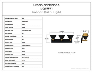 Urban Ambiance - Bath Light - UQL5541 Modern Indoor Bath Light, 8.75''H x 27.5''W x 9.5''D, Matte Black Finish, Kiel Collection - 