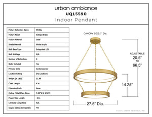 Urban Ambiance - Pendant - UQL5590 Contemporary Indoor Pendant, 14.25''H x 27.5''W x 27.5''D, Antique Brass Finish, Whitby Collection - 