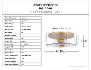 Urban Ambiance - Ceiling Light - UQL5600 Classic Indoor Ceiling Light, 5.25''H x 14''W x 14''D, Aged Brass Finish, Hankinson Collection - 