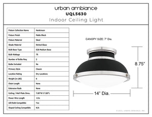 Urban Ambiance - Ceiling Light - UQL5630 Classic Indoor Ceiling Light, 8.75''H x 14''W x 14''D, Matte Black Finish, Hankinson Collection - 