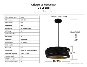 Urban Ambiance - Pendant - UQL5680 Cosmopolitan Indoor Pendant, 5.5''H x 16''W x 16''D, Matte Black Finish, Zennor Collection - 