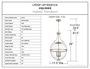 Urban Ambiance - Pendant - UQL5690 New Traditional Indoor Pendant, 29''H x 17.5''W x 17.5''D, Brushed Nickel Finish, Zennor Collection - 