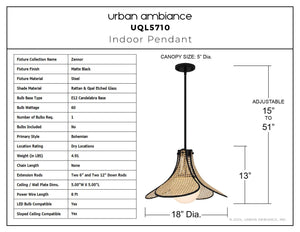 Urban Ambiance - Pendant - UQL5710 Bohemian Indoor Pendant, 13''H x 18''W x 18''D, Matte Black Finish, Zennor Collection - 