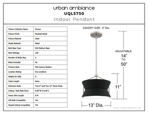 Urban Ambiance - Pendant - UQL5730 Mid - Century Modern Indoor Pendant, 11''H x 13''W x 13''D, Brushed Nickel Finish, Zennor Collection - 
