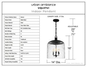 Urban Ambiance - Pendant - UQL5741 Traditional Indoor Pendant, 18''H x 14''W x 14''D, Matte Black Finish, Zennor Collection - 