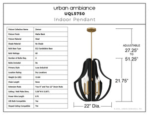Urban Ambiance - Pendant - UQL5750 Luxe Industrial Indoor Pendant, 21.75''H x 22''W x 22''D, Matte Black Finish, Zennor Collection - 