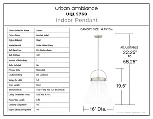 Urban Ambiance - Pendant - UQL5760 Minimalist Indoor Pendant, 19.5''H x 16''W x 16''D, Brushed Nickel Finish, Zennor Collection - 