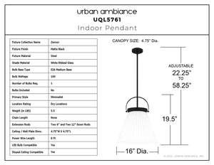 Urban Ambiance - Pendant - UQL5761 Minimalist Indoor Pendant, 19.5''H x 16''W x 16''D, Matte Black Finish, Zennor Collection - 