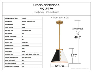 Urban Ambiance - Pendant - UQL5770 Urban Loft Indoor Pendant, 9.75''H x 12''W x 12''D, Brushed Weathered Brass Finish, Zennor Collection - 