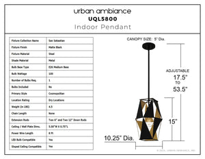 Urban Ambiance - Pendant - UQL5800 Cosmopolitan Indoor Pendant, 15''H x 10.25''W x 10.25''D, Matte Black Finish, San Sebastian Collection - 