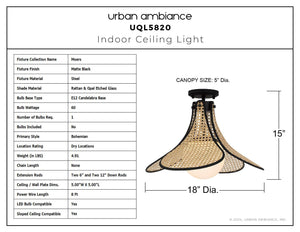 Urban Ambiance - Ceiling Light - UQL5820 Bohemian Indoor Ceiling Light, 15''H x 18''W x 18''D, Matte Black Finish, Moers Collection - 