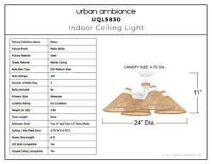 Urban Ambiance - Ceiling Light - UQL5830 Bohemian Indoor Ceiling Light, 11''H x 24''W x 24''D, Matte White Finish, Moers Collection - 