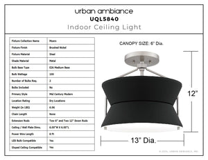 Urban Ambiance - Ceiling Light - UQL5840 Mid - Century Modern Indoor Ceiling Light, 12''H x 13''W x 13''D, Brushed Nickel Finish, Moers Collection - 