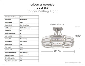 Urban Ambiance - Ceiling Light - UQL5850 Contemporary Indoor Ceiling Light, 9.25''H x 17''W x 17''D, Brushed Nickel Finish, Moers Collection - 