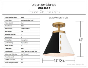 Urban Ambiance - Ceiling Light - UQL5860 Cosmopolitan Indoor Ceiling Light, 12''H x 12''W x 12''D, Brushed Weathered Brass Finish, Moers Collection - 