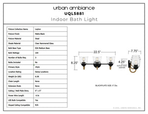 Urban Ambiance - Bath Light - UQL5881 Coastal Indoor Bath Light, 8.25''H x 22.5''W x 7.75''D, Matte Black Finish, Leyton Collection - 