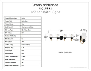 Urban Ambiance - Bath Light - UQL5882 Coastal Indoor Bath Light, 8.25''H x 31''W x 7.75''D, Matte Black Finish, Leyton Collection - 