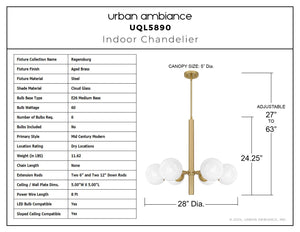 Urban Ambiance - Chandelier - UQL5890 Mid - Century Modern Indoor Chandelier, 24.25''H x 28''W x 28''D, Aged Brass Finish, Regensburg Collection - 