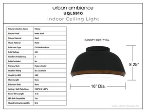 Urban Ambiance - Ceiling Light - UQL5910 Modern Rustic Indoor Ceiling Light, 8.25''H x 16''W x 16''D, Matte Black Finish, Fitzroy Collection - 