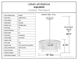 Urban Ambiance - Pendant - UQL5920 Contemporary Indoor Pendant, 8.75''H x 18''W x 18''D, Polished Chrome Finish, Rothwell Collection - 