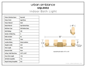 Urban Ambiance - Bath Light - UQL5932 Modern Indoor Bath Light, 7.5''H x 32''W x 6''D, Aged Brass Finish, Bayreuth Collection - 