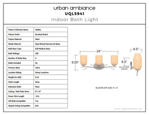 Urban Ambiance - Bath Light - UQL5941 Glam Indoor Bath Light, 9.25''H x 24''W x 6.5''D, Brushed Nickel Finish, Hadley Collection - 