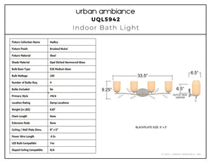 Urban Ambiance - Bath Light - UQL5942 Glam Indoor Bath Light, 9.25''H x 33.5''W x 6.5''D, Brushed Nickel Finish, Hadley Collection - 